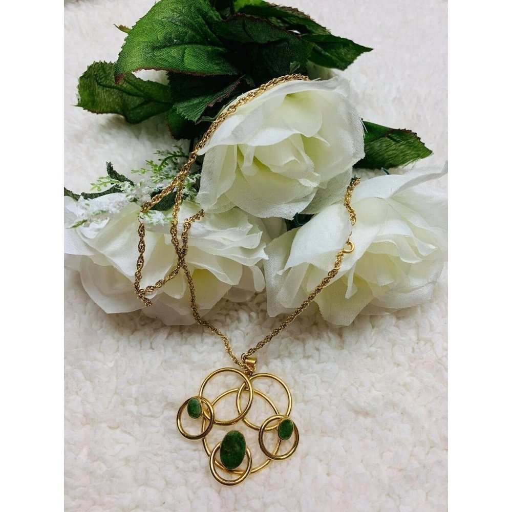 Vintage Van Dell 12K GF Necklace Woven Circles W/ Green Stones